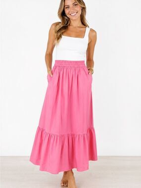 GREYLIN Pink Cotton Poplin Tiered Maxi Skirt | Size Small | Elastic Waist